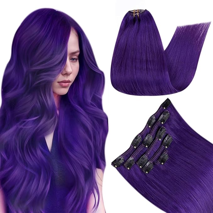 RUNATURE Purple Clip in Hair Extensions Human Hair 20 Inch Straight Clip in Purple Hair Extensions Colorful Human Hair, Easy to Install 70g 5pcs
