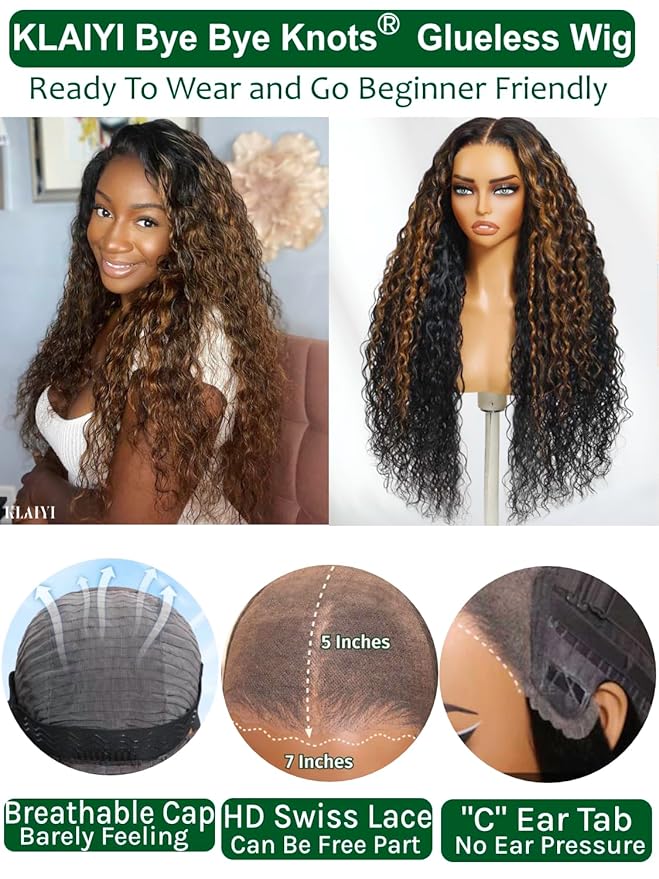 KLAIYI Ombre Brown Water Wave Bye Bye Knots Glueless Wig Human Hair Pre Cut 7x5 Lace Front Wigs Drawstring Pre Plucked Bleached Highlight Balayage Curly Ready to Wear and Go Wig with Dark Roots 24Inch