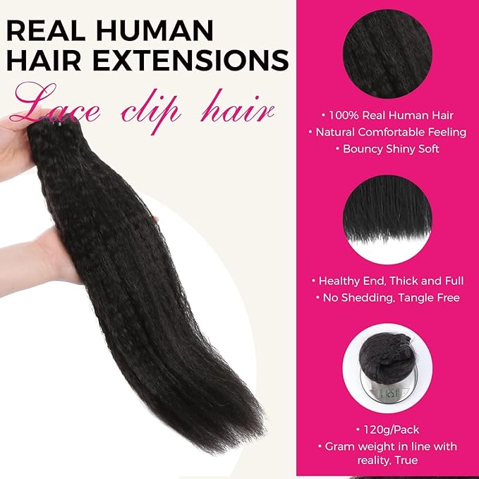 Lashey Clip in Hair Extensions Human Hair, Kinky Straight Remy Human Hair 24 Inch 120g 7pcs Natural Black #1B, Long Thick Clip in Hair Extensions for Black Women