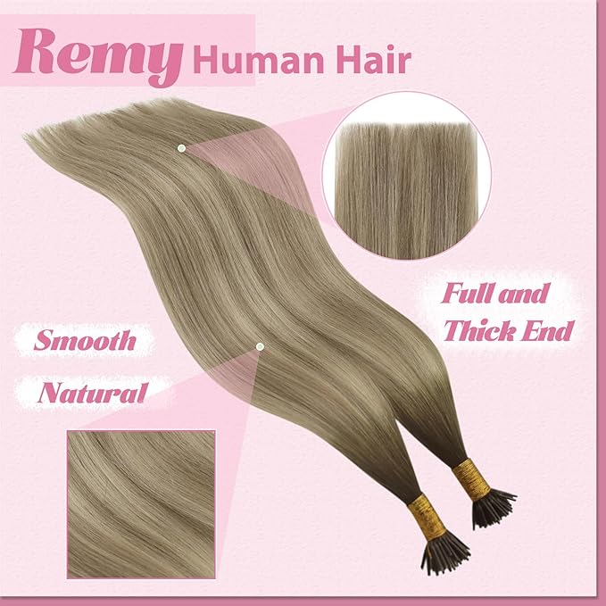YoungSee I Tips Hair Extensions Real Human Hair Ombre 16In Itips Human Hair Extensions Dark Brown Ombre Blonde with Light Brown I Tip Hair Extension Balayage 50g 80s Straight Hair