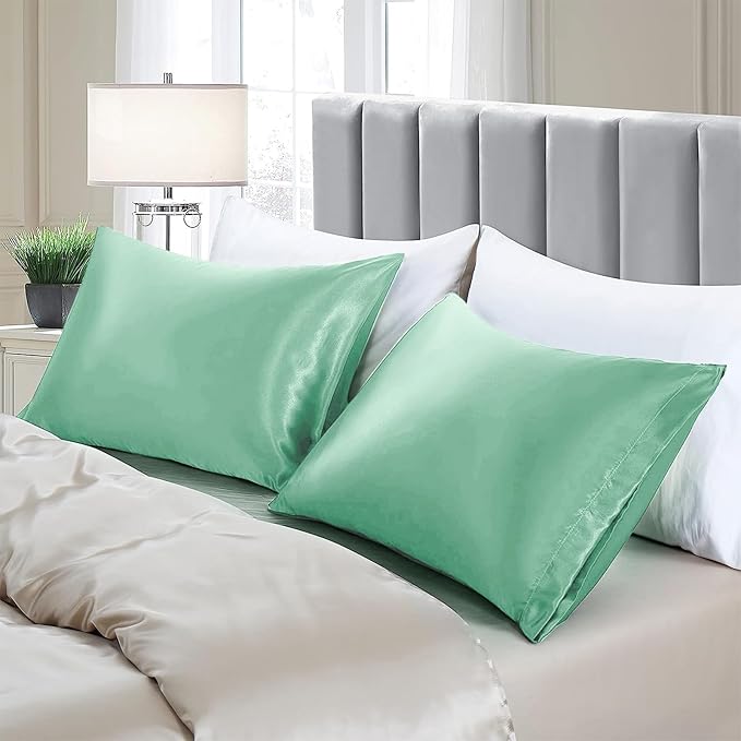Aormenzy Satin Pillow Cases for Women Standard Size Set of 2, Mint Green Satin Pillowcase for Hair with Envelope Closure Silky Pillow Covers Wrinkle, Fade Resistant (20x26 Inches)