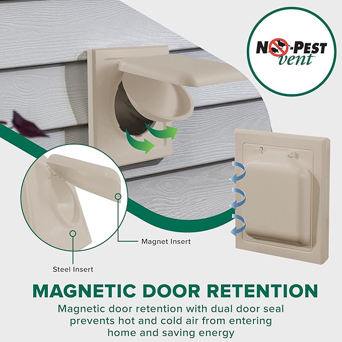 NO-PEST VENT MetalGuard, Dual Door Dryer Vent Cover Outdoor 4 Inch, Powder-Coated Heavy Duty Steel, Pest Proof, Rust Resistant, Safe & Efficient Vent Cap (Tan, STEEL 4" W/O Duct Tube)