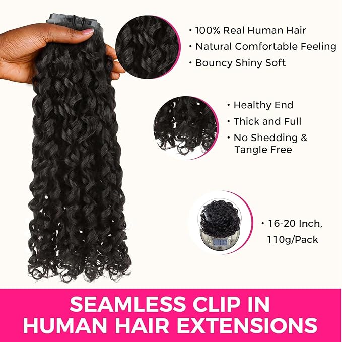 Lashey Seamless Clip in Hair Extensions Human Hair 110g 7pcs Burmese Curly Natural Black 20 Inch Real Human Hair Extensions Clip Ins with Soft PU Weft for Women