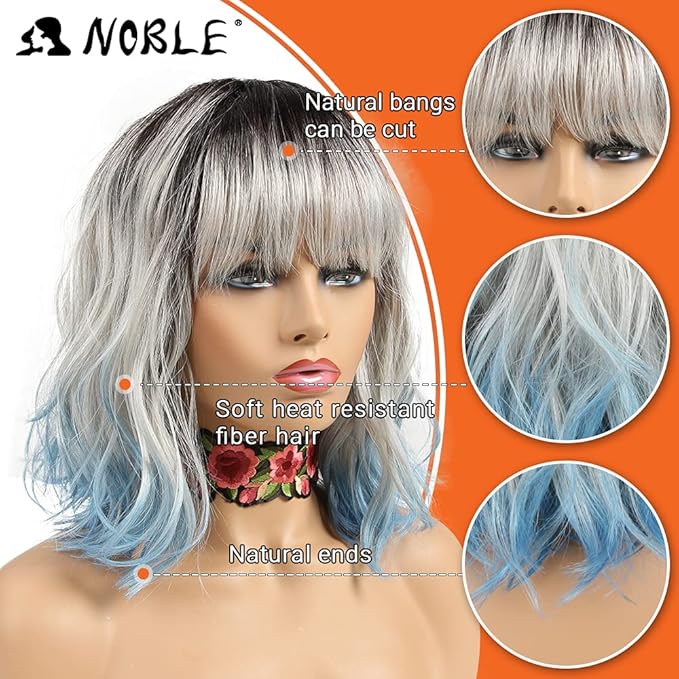 NOBLE Blue Wig with Bangs 12 Inches Short Bob Curly Wig Blue Wigs for Women Colorful Wavy Bob Wigs with Air Bangs Heat Resistant Synthetic Silver Blue Halloween Wigs for Cosplay Party