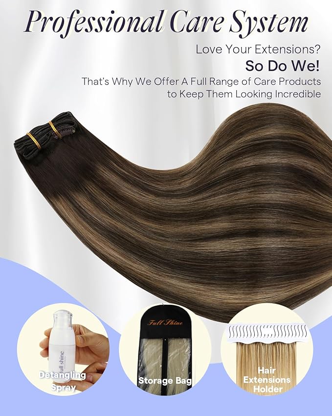 Full Shine Thick Human Hair Clip in Extensions 22 Inch Real Hair Extensions Dark Brown To Ash Brown Hair Extensions for Fullness 7 Pcs 150 G
