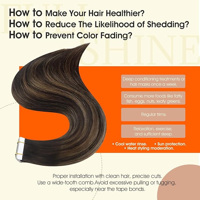 Full Shine Tape in Hair Extensions Rooted Tape in Extensions Real Human Hair 18Inch Straight Extension Ombre Balayage Brown Remy Seamless Skin Weft 20Pcs Color 2/8/2 50Gram Add Length