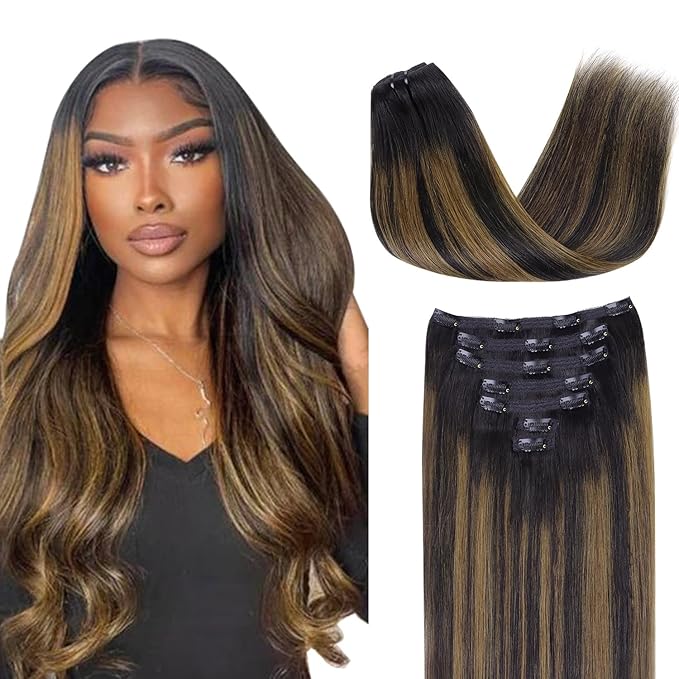 Lashey Clip in Hair Extensions Straight 7pcs 120g Human Hair Clip in Extensions Natural Black Mixed Chestnut Brown Real Human Hair Extensions for Black Women 20 Inch
