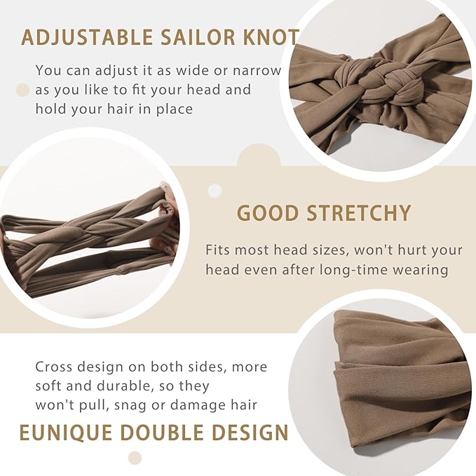 Vercret Headbands for Women Sailor Knot Headband Black Double Wide Elastic Adjustable Braided Hair Bands Non Slip for Girls Boho Stretchy Turban Headwrap Yoga Workout,Solid Color, 3Pcs