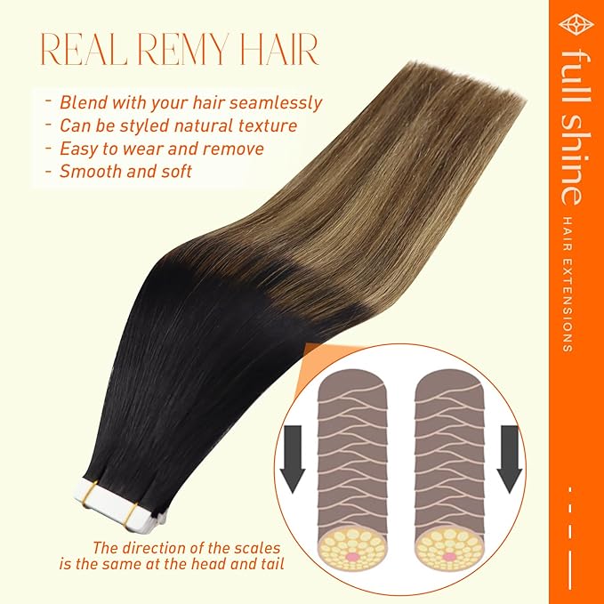 Full Shine Seamless Tape in Hair Extensions Human Hair Skin Weft Tape in Human Hair Extensions Black 1B Fading to 6 and 27 Blonde Invisible Tape in Hair Extensions 22 Inch Tape Extensions 20 Pcs 50G