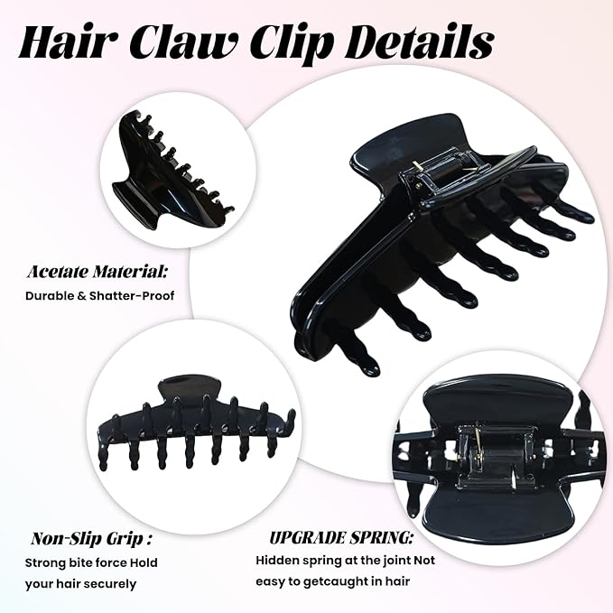 French Hair Claw Clips for Women Grils,4 Inch Strong Hold No Slip Grip Accessories Acetate Material,Not Easily Damaged,Thick or Thin Hair (Black)