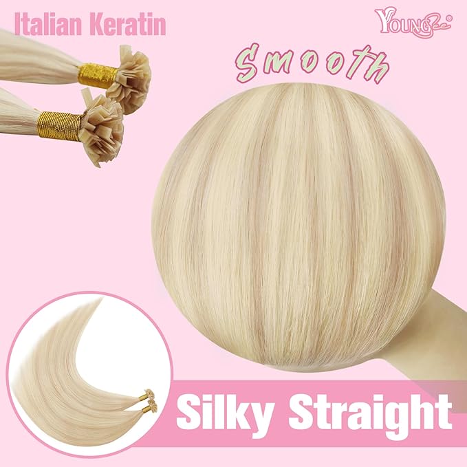 YoungSee K Tip Highlight Hair Extensions Highlight Ash Blonde with Bleach Blonde K Tip Hair Extensions Real Human Hair Highlight 16In 1G/S 50G