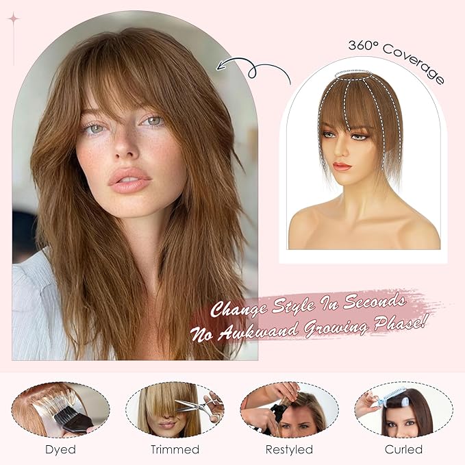 Human Hair Topper with Bangs for Women, 360° Cover Clip in Fringe Bangs Hair Toppers Hair Piece Medium Brown-3.15x4.33 Hand-tied Base (Medium Brown)