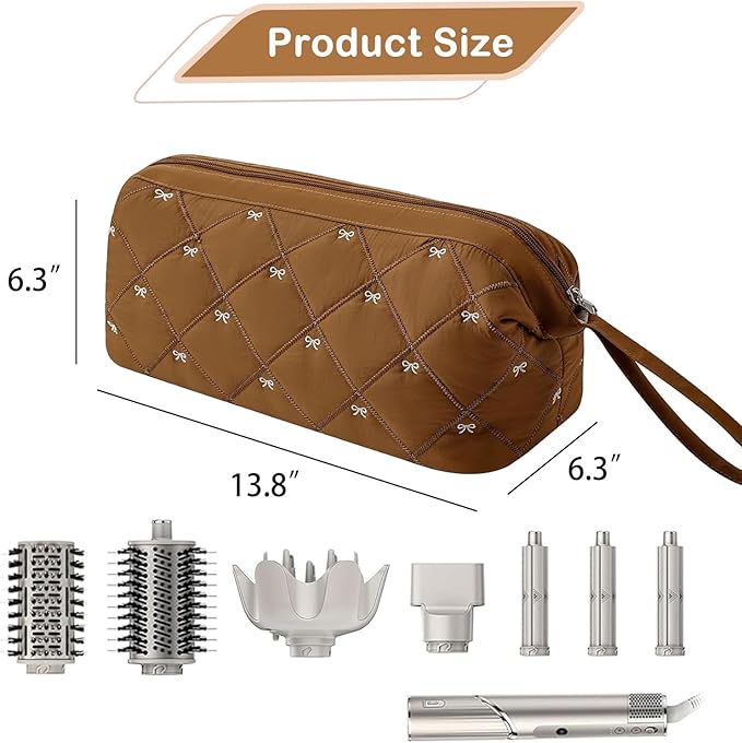 Large Quilted Hair Tools Travel Bag with Bow Pattern,Waterproof Hair Styling Accessories Storage Case for Shark FlexStyle, Dyson Airwrap Hair Dryer, Curling Iron, Revlon Hair Tools(Brown)