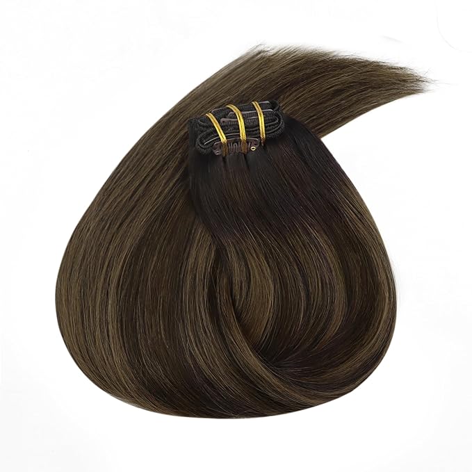 Ve Sunny Clip in Human Hair Extensions, Real Hair Extensions Clip in Human Hair, Human Hair Extensions Clip ins Dark Brown Ombre Medium Brown Balayage Hair Extensions 5pcs 80g 12inch