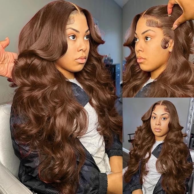 13x6 Body Wave Lace Front Wigs Human Hair Chocolate Brown Wig Human Hair Pre Plucked With Baby Hair 180 Density 4# Colored Brown HD Lace Frontal Wigs for Women 26Inch