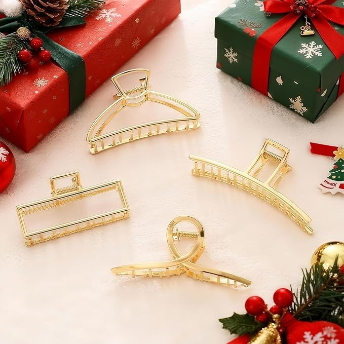 4 Pack Large Gold Hair Claw Clips for Women Thick Hair, French Design Metal Cross Banana Non-Slip Hair Catch Barrette Jaw Clamp Clips for Women and Girls