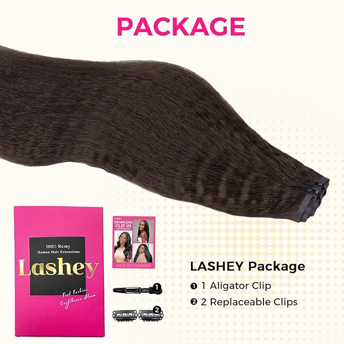 Lashey Seamless Clip in Hair Extensions Human Hair #2 Dark Brown Kinky Straight Clip in Hair Extensions Real Human Hair 7pcs 110g 20 Inch PU Weft Natural Hair Extension for Women