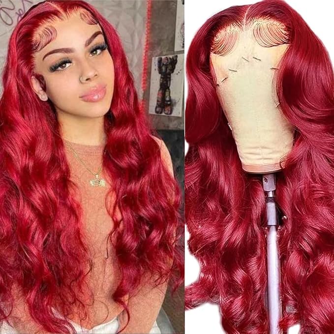 99J Burgundy Lace Front Wigs Human Hair 13x4 Body Wave Lace Front Wigs Pre Plucked Bleached Knots Lace Frontal Wig with Baby Hair 200% Density Red Wig HD Lace Red Wig for Women 28 Inch