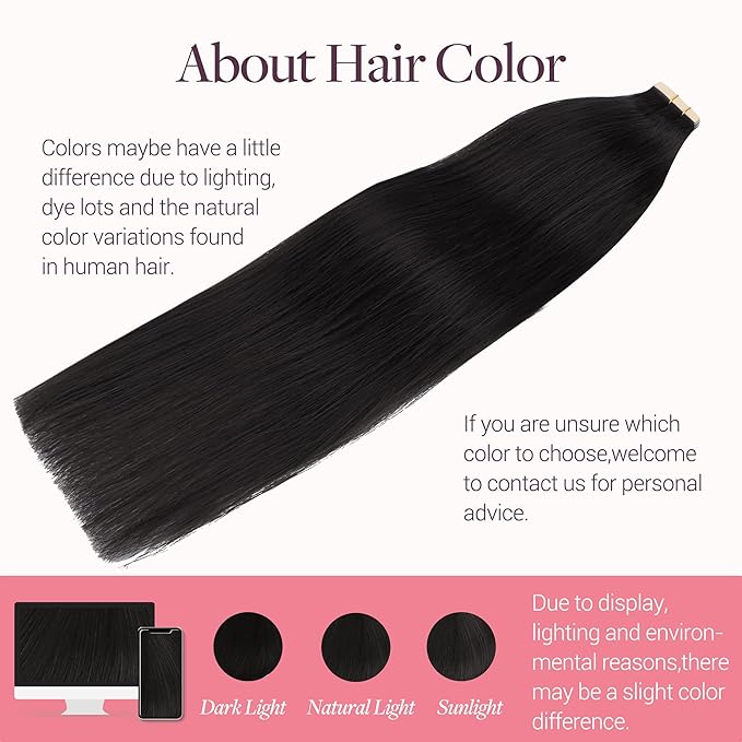 GOO GOO Tape in Hair Extensions Human Hair, 1B Natural black, 16inch 50g 20pcs, Skin Weft Seamless Invisible, Silky Straight with Thick Ends, Remy Human Hair