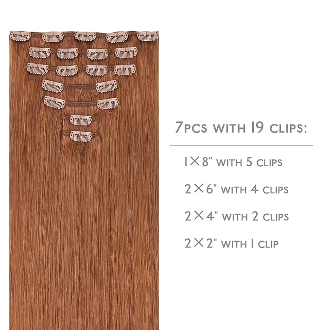 WENNALIFE Clip in Hair Extensions Real Human Hair, 24 Inch 120g 7pcs Cinnamon Terra Copper Remy Hair Natural Double Weft