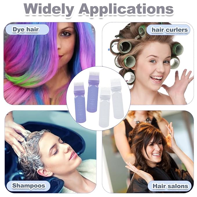 ELANE 4 Pcs Root Comb Applicator Bottle, 6oz, Hair Oil Applicator Bottle for Hair, Salon, Travel, Camping (White+Purple)
