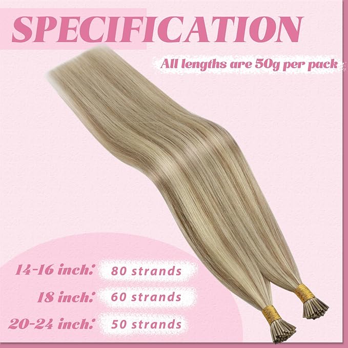 YoungSee I Tip Hair Extensions Blonde Itips Hair Extensions Human Hair Blonde Highlights Itip Hair Extension 18 Inch I-Tip Hair Extension Human Hair 50g 60s Cold Fusion Hair