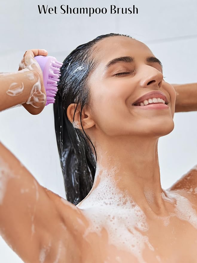 HEETA Scalp Massager Hair Growth Brush with Soft Silicone Bristles, Wheat Straw Handle, 2 Count (Beige & Purple, Round, All Hair Types)