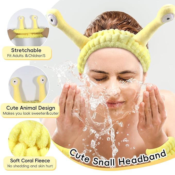 Face Wash Headband, Skincare Wrist Bands For Washing Face Set Spa Hair Bands come with a Hair Scrunchie, Cute Yellow snail tentacle Elastic Headband, For Face Washing Makeup Skincare (Yellow)