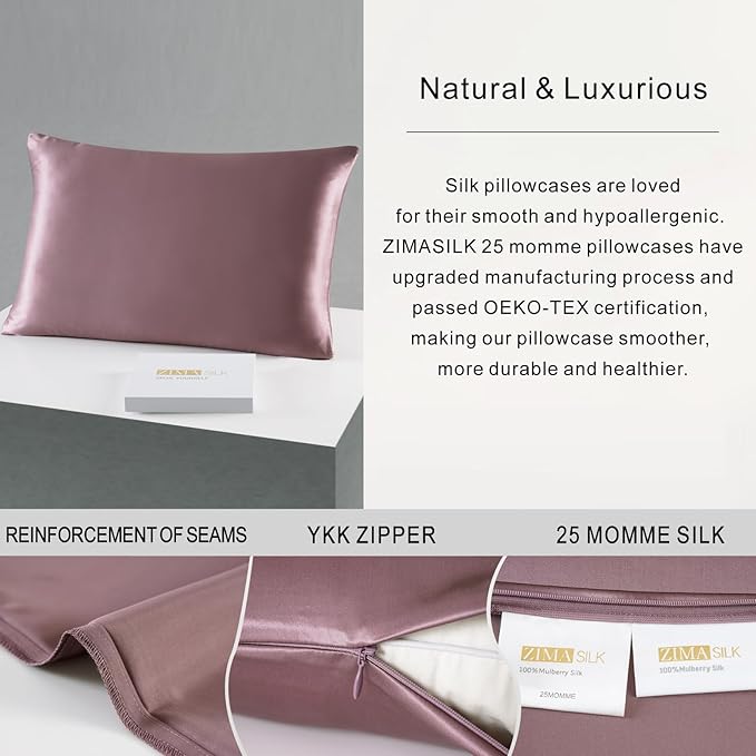 ZIMASILK 25 Momme 100% Pure Mulberry Silk Pillowcase for Hair and Skin Care, Highest Grade 6A Pillow Cases for Women, Long-Lasting Durablity, Gift for Women Men, 1Pc (Queen 20"x30", Grey Purple)