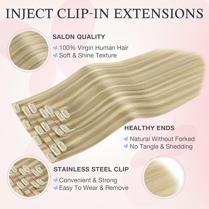 DOORES Invisible Clip in Hair Extensions 20 inch 150g 7pcs, Real Human Hair Invisi Edge Clip in Extensions, Virgin PU Clipins Straight Thickening, 16/22 Light Blonde Highlighted Golden Blonde