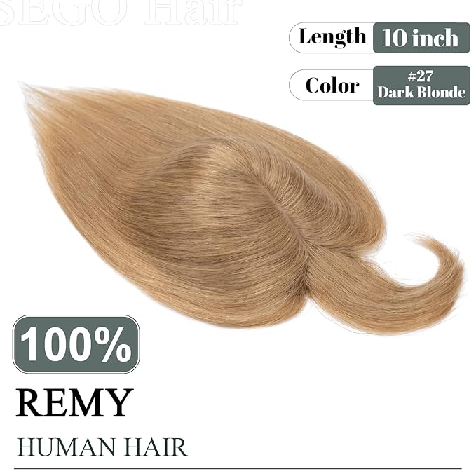 SEGO Hair Toppers for Women Real Human Hair with Thinning, with Front Bangs Clip in Toppers Straight 150% Density Silk Base -18 Inch #27 Dark Blonde