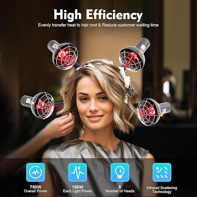 5 Head Infrared Light Heat Therapy Red Lamp, Salon Hair Steamer Perming Dyeing Adjustable Height Machine with Rolling Wheels, Infrared Dryer Hair Drying Care, Standing Infrared Heater (Black)