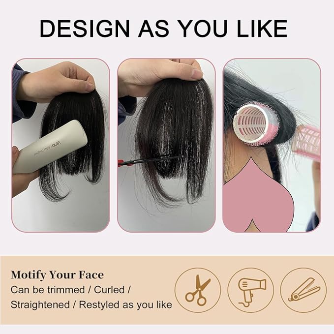 ORIGEN Clip in Bangs Real Human Hair Clip on Wispy Bangs Fringe with Temples Hairpieces Fake Front Bangs Extensions for Women Brown Black Color