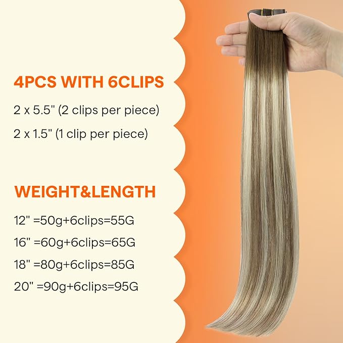 Full Shine Seamless Clip in Hair Extensions Real Human Hair, Darker Brown to Ash Brown Highlight Medium Blonde Clip in Extensions with PU Weft for Women, 4Pcs 16Inch 65 grams