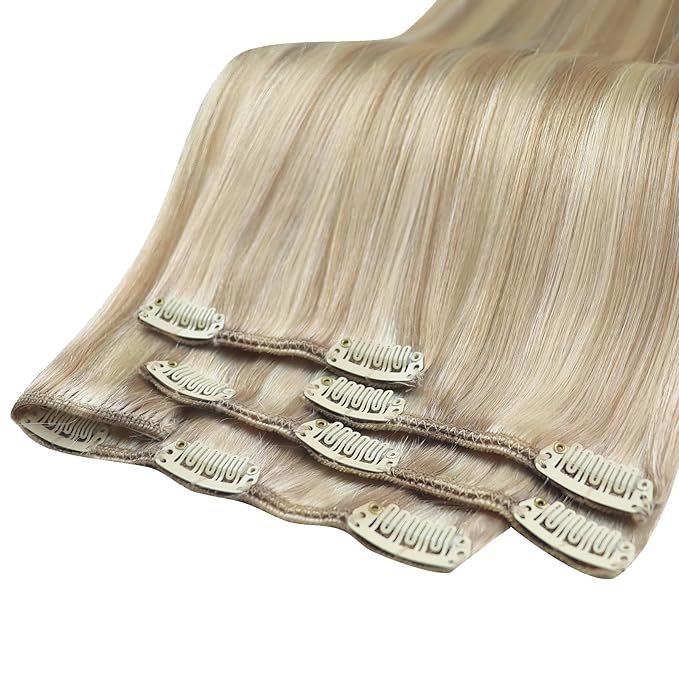 YoungSee 150G Clip in Extensions Real Human Hair Ash Blonde Hair Extensions Clips ins Warm Ash Blonde Highlights Bleach Blond Human Hair Clip in Extensions Blend Naturally 22Inch 7Pcs