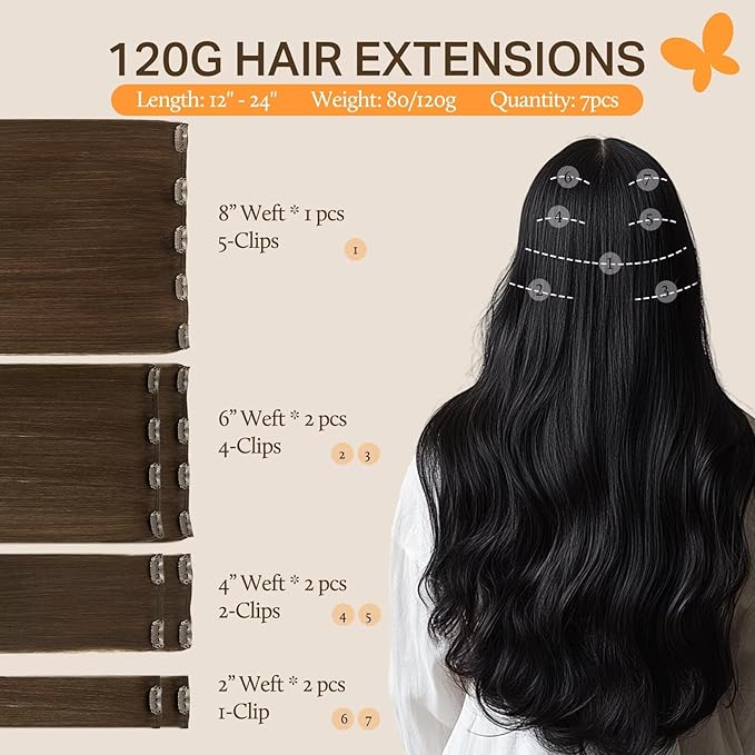 DOORES Hair Extensions Clip in, Chocolate Brown 100g 7pcs 14 Inch, Clip in Remy Human Hair Extensions Straight Natural Weft