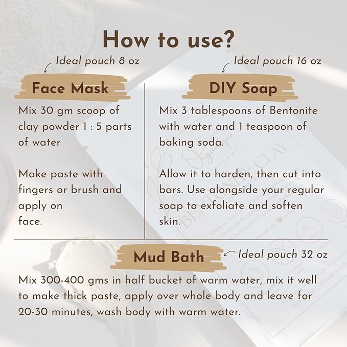 Bentonite Clay Powder For Face, Body & Hair, Deep Pore Cleansing & Detox, Indian Healing Calcium & Sodium Clay, For Masks & Bath 16 oz (454g)