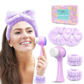 Spa Headband for Washing Face, Skincare headband and wristband set, Facial Cleansing Brush, 2-in-1 Skin Care face Brush, Come with a Hair Scrunchie For Massaging Makeup Skincare-Purple