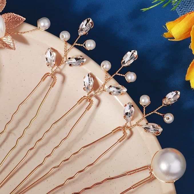 12 Pieces Bride Hair Pins Rhinestones Gold Hair Accessories for Women Crystal Wedding Hairpiece for Bridesmaids