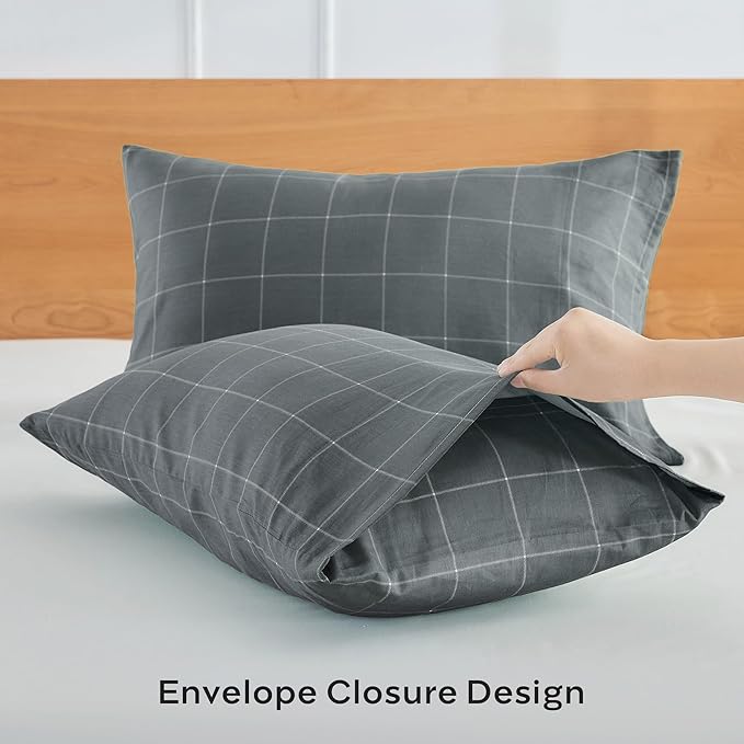 JELLYMONI 100% Natural Cotton Plaid Standard Pillowcases Set, 2 Pack Dark Gray with White Grid Geometric Pattern Printed Pillow Covers with Envelope Closure(Pillows are not Included)