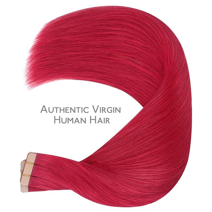 WENNALIFE Tape in Hair Extensions, 40pcs 60g 10 Inch Red Human Hair Straight Invisible Reusable Real Extensions