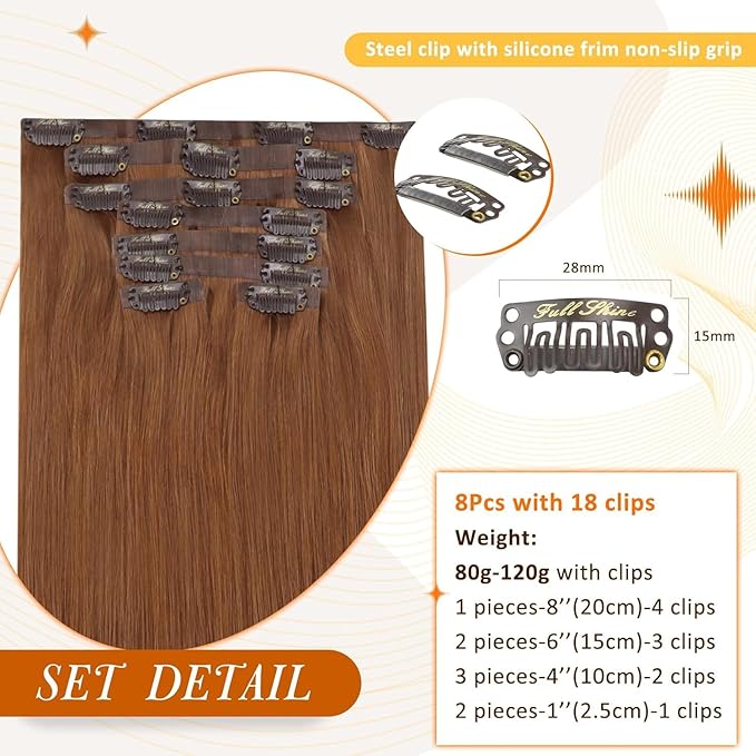 Full Shine Copper Brown Hair Extensions Copper Seamless Human Hair Clip in Extensions Auburn Brown Seamless Hair Extension Short for Women 12 Inch 95 G 8 PCS