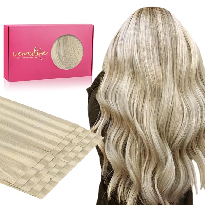 WENNALIFE Invisi Edge & Classic Tape in Hair Extensions Human Hair, 20 Inch 50g 20pcs(10pcs Invisi Edge & 10pcs Classic) Ash Blonde Highlighted Platinum Blonde Invisible Luxury Remy Hair Injected