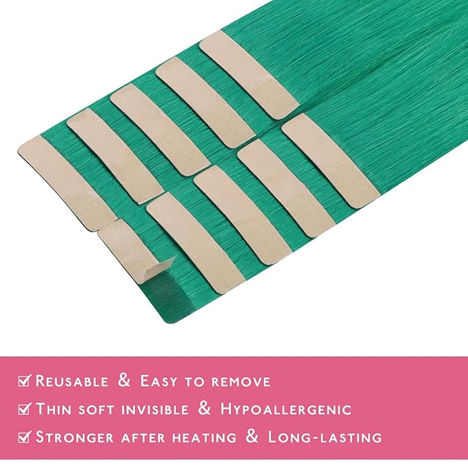 WENNALIFE Tape in Hair Extensions Human Hair Green Tape in Extensions, 10pcs 25g 18 inch Remy Invisible Tape Ins Straight Colored Soft Real Human Hair Tape in Extensions Refill Set Extensions