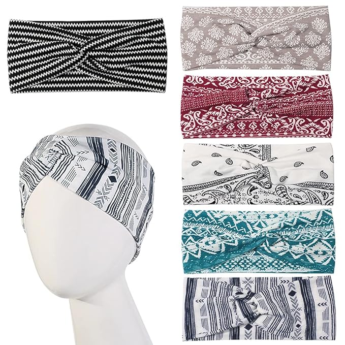 Artilady 6 Pack Wide Boho Headbands for Women - Soft Yoga Elastic Hair Bands for Girls Workout Running Sport Headwrap Non-slip Breathable (Patterned)