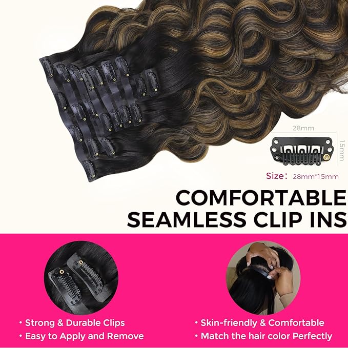 Lashey Seamless Clip in Hair Extensions Human Hair 150g 9pcs 24 Inch Body Wave Natural Black Mixed Chestnut Brown Clip in Hair Extensions for Women