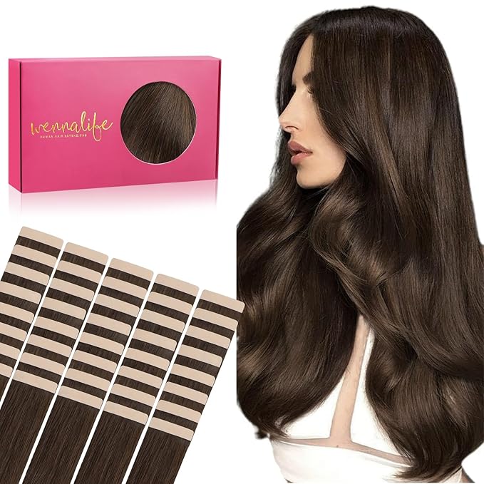 WENNALIFE Tape in Hair Extensions Human Hair, 40pcs 100g 14 inch Chocolate Brown Hair Extensions Real Human Hair Straight Tape in Extensions Invisible Human Hair Extensions Reusable Hair Extensions