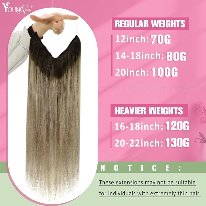 YoungSee 130G Invisible Wire Hair Extensions Light Brown Wire Hair Extensions Real Human Hair Ombre Walnut Brown to Light Brown Blonde Human Hair Fish Line Long Straight Hair 22inch