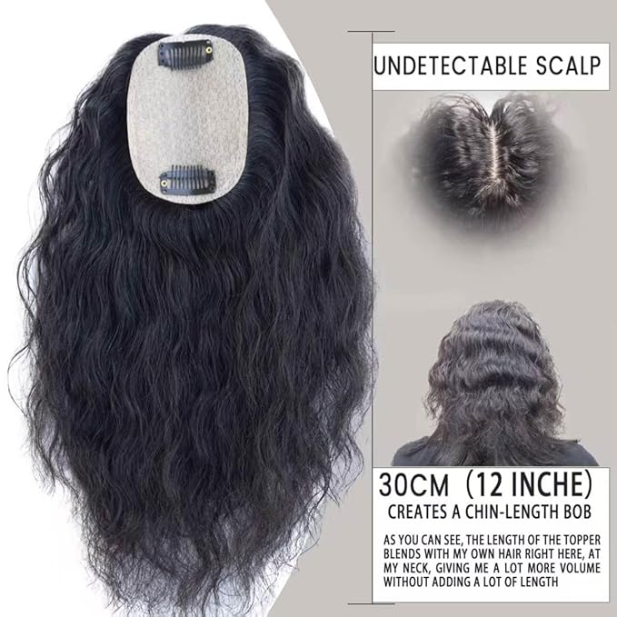 Curly Hair Toppers for Women, Real Human Hair Topper for Thinning Hair, Realistic Scalp Crown Hair Topper with Natural Volume, Clip-In 3D Scalp Cover, Natural Black 1B 12 In
