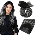 Moresoo Seamless Hair Extensions Clip in Black to Silver 14 Inches Clip in Hair Extensions Short Pu Skin Weft Human Extensions with Clip Balayage 120G 7pcs
